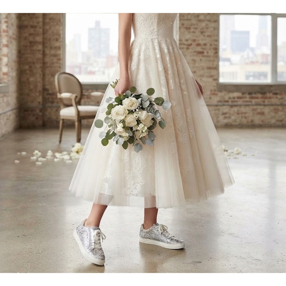 Betsey Johnson White Crystal Embellished Platform Sneakers Silver Rhinestone